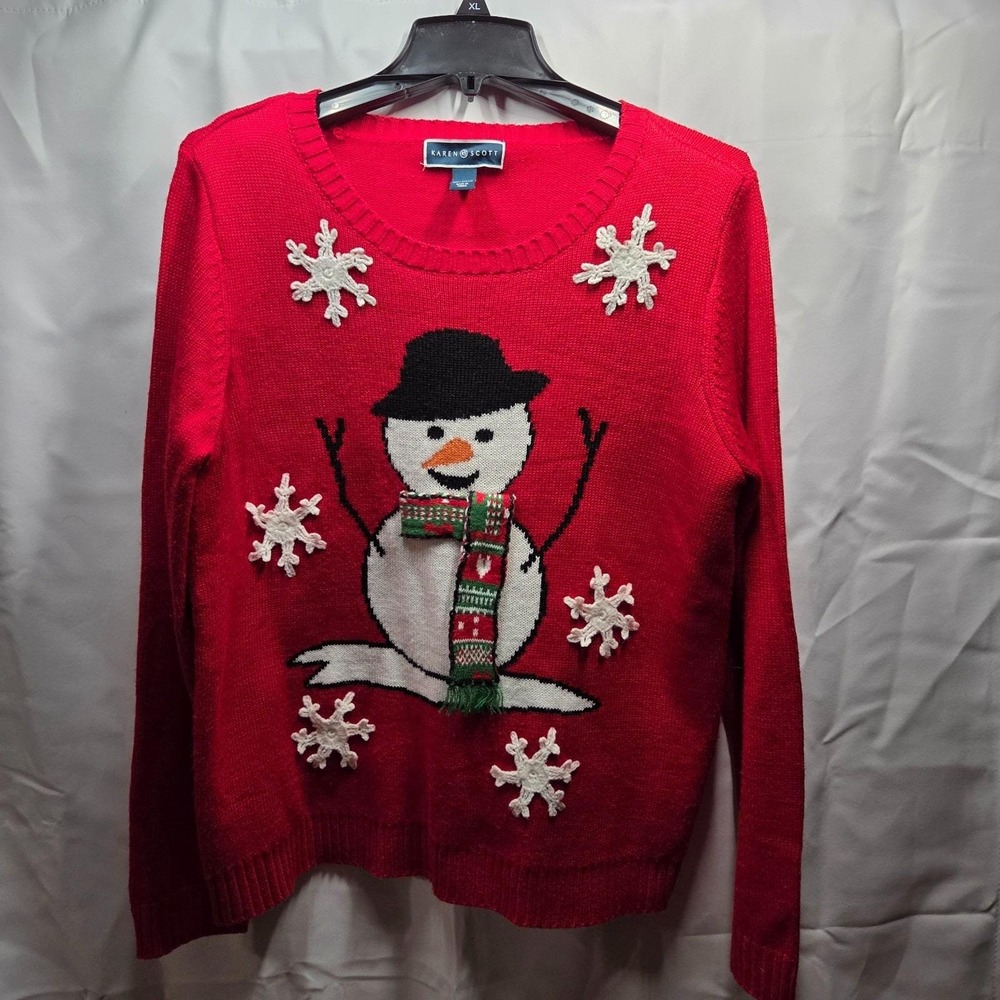 Snowman Embroidery Red Sweater Size Large Snowflakes Karen‎ Scott Winter Ugly
